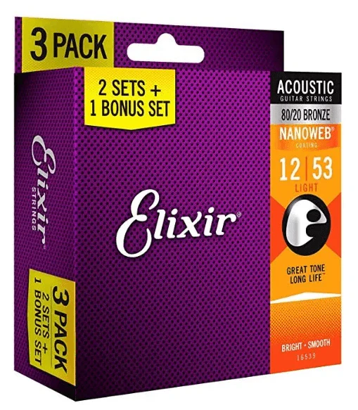 Encordado Elixir Nanoweb Guitarra Acustica Pack 3 16539 12 53