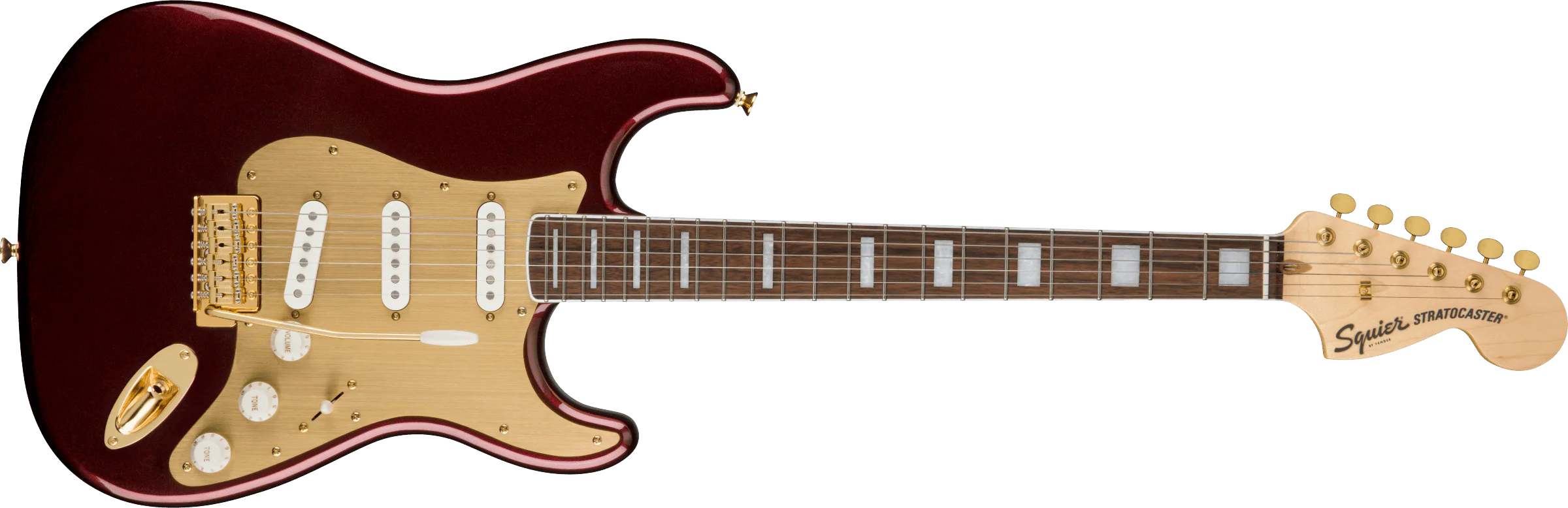 Guitarra Electrica Fender Squier Stratocaster® del 40 aniversario, edición dorada, diapasón de laurel, golpeador anodizado dorado, rojo rubí metalizado 0379410515