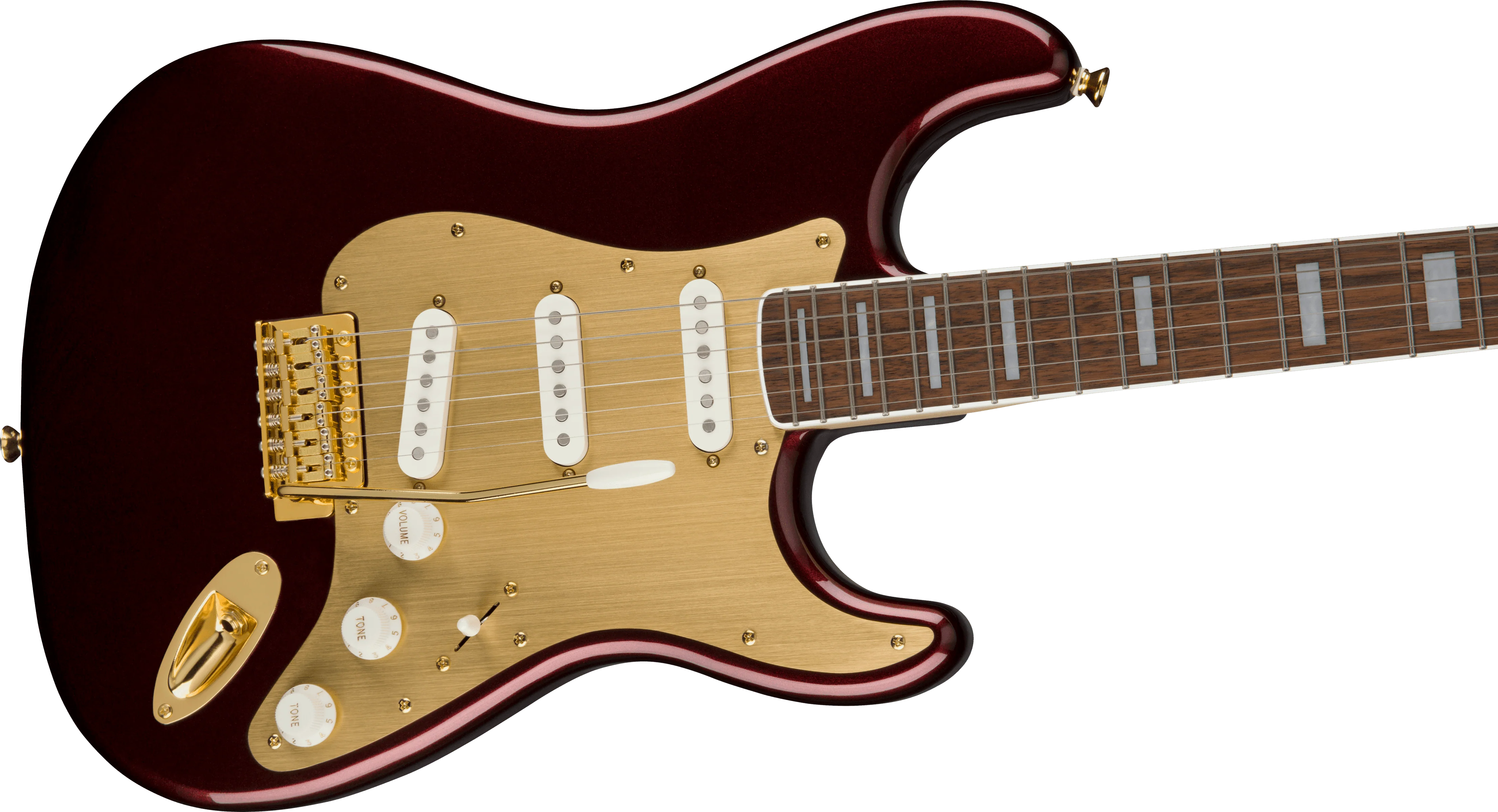 Guitarra Electrica Fender Squier Stratocaster® del 40 aniversario, edición dorada, diapasón de laurel, golpeador anodizado dorado, rojo rubí metalizado 0379410515 - Image 4
