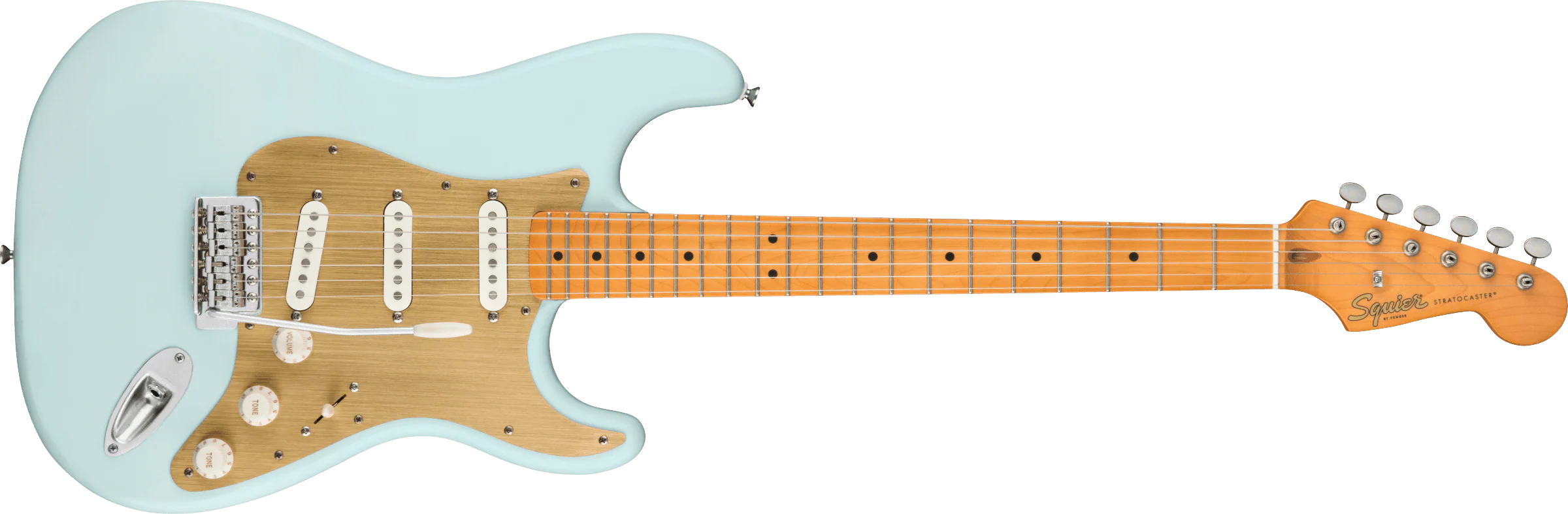 Guitarra Electrica Fender Squier 40th Anniversary Stratocaster®, Vintage Edition, diapasón de arce, golpeador anodizado dorado, azul sónico satinado0379510572