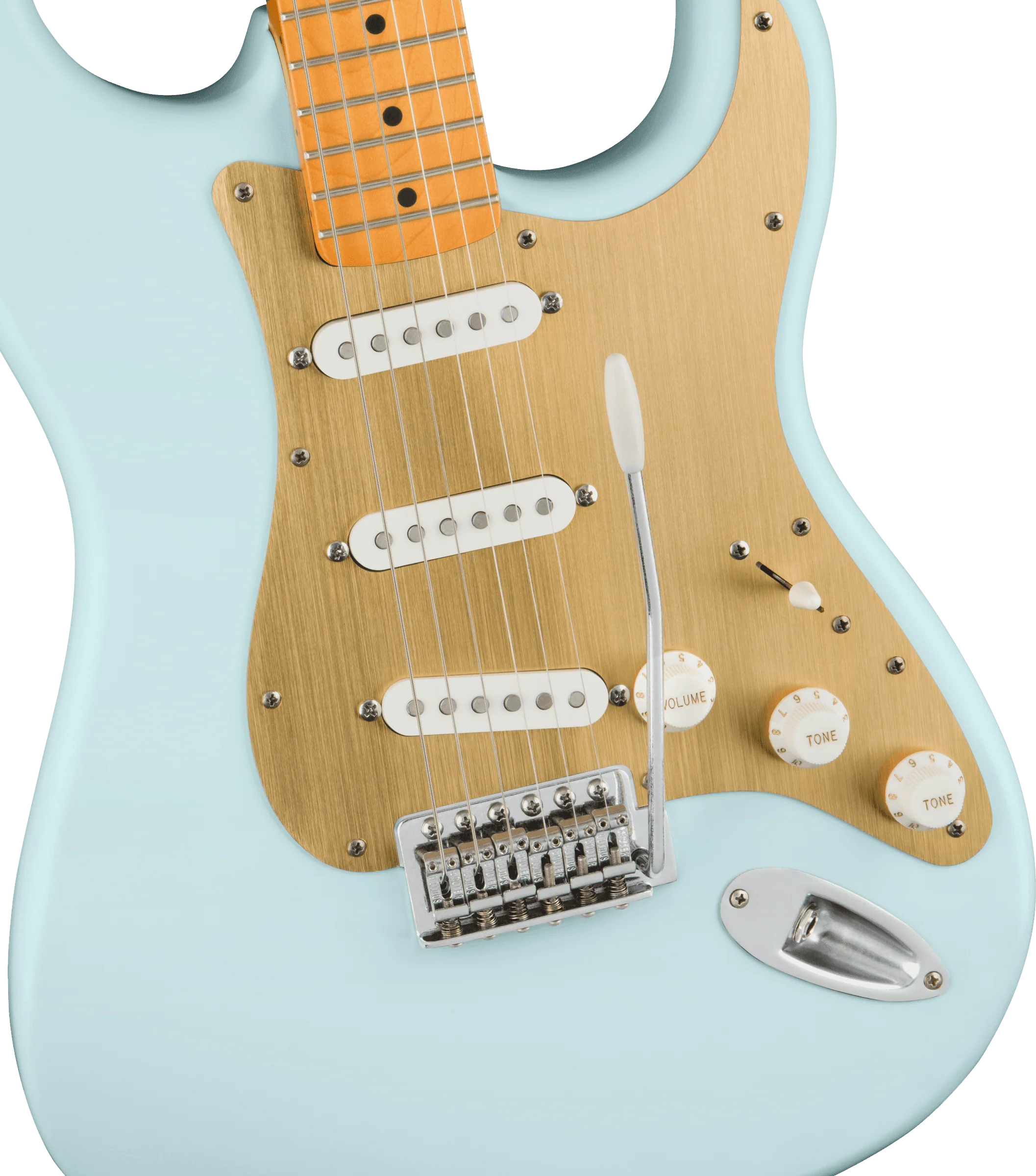 Guitarra Electrica Fender Squier 40th Anniversary Stratocaster®, Vintage Edition, diapasón de arce, golpeador anodizado dorado, azul sónico satinado0379510572 - Image 2