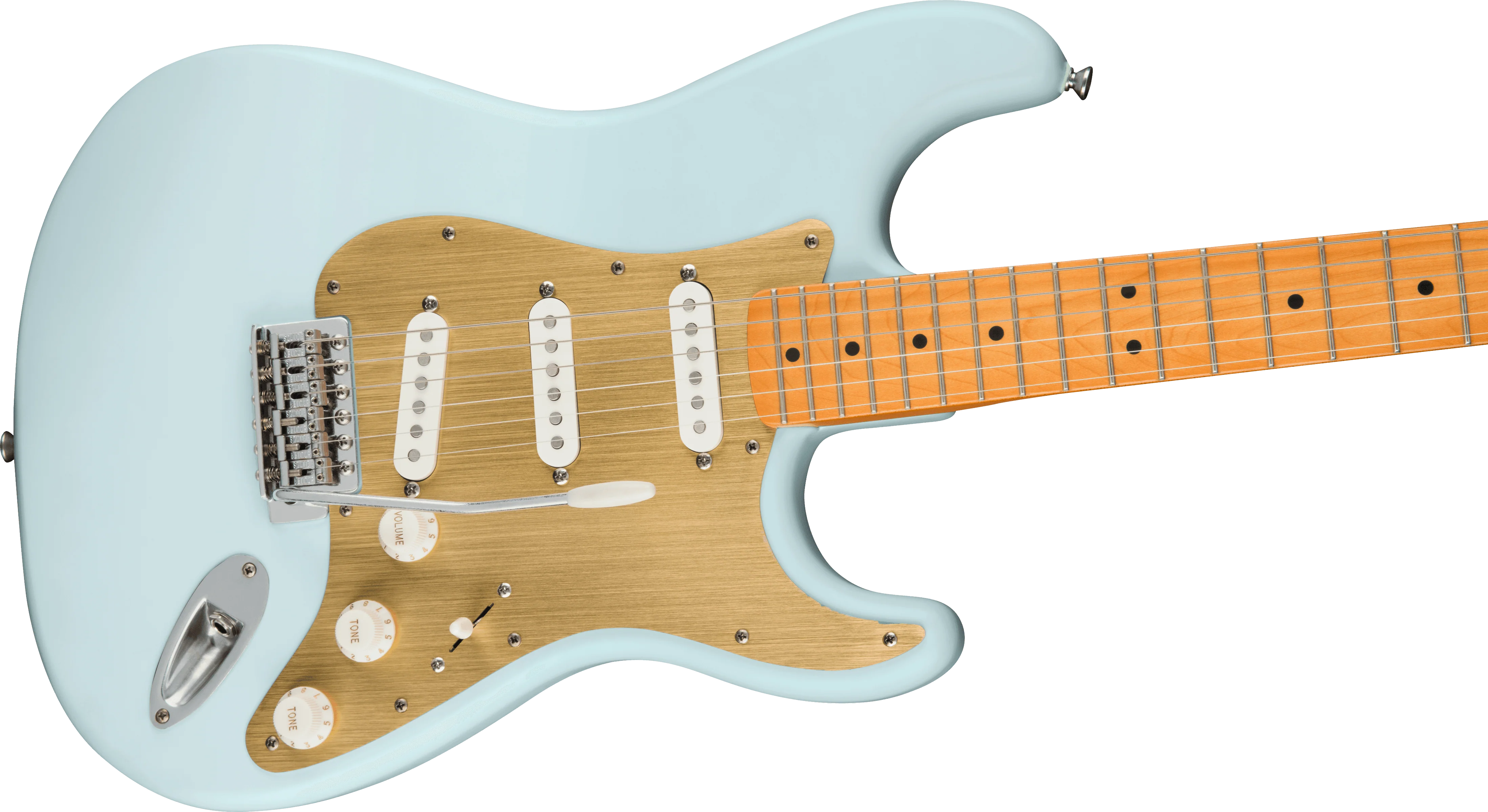 Guitarra Electrica Fender Squier 40th Anniversary Stratocaster®, Vintage Edition, diapasón de arce, golpeador anodizado dorado, azul sónico satinado0379510572 - Image 4